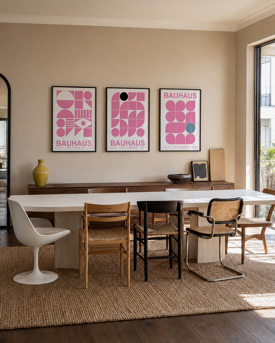 Vormen en vlakken driedelige posterset – deze posterset in drie delen toont een speelse mix van cirkels, halve cirkels en