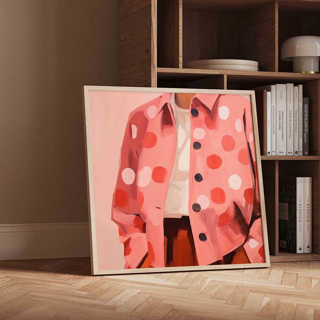 Roze jas met stippen – geïllustreerde wandkunst als vierkante poster