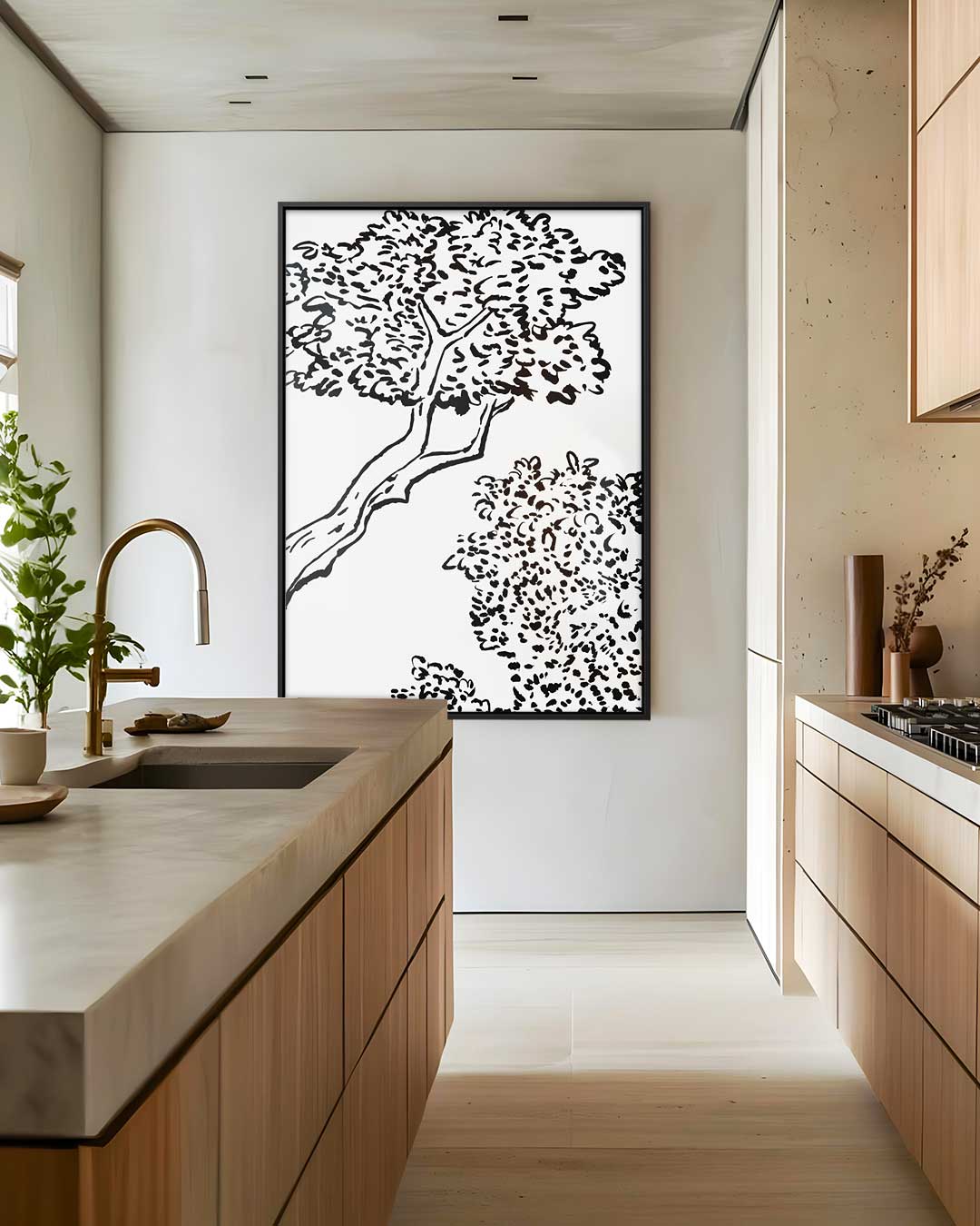 Sierlijk Boomlandschap in Lijnkunst – canvas wanddecoratie in portret formaat