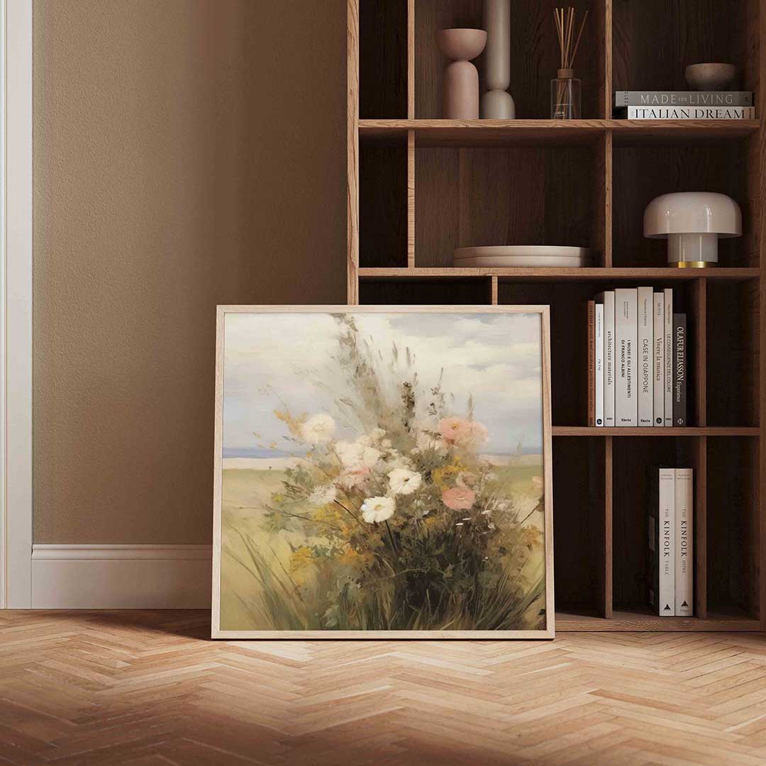 Bloemenveld – vierkante vintage wanddecoratie van WallArtistic