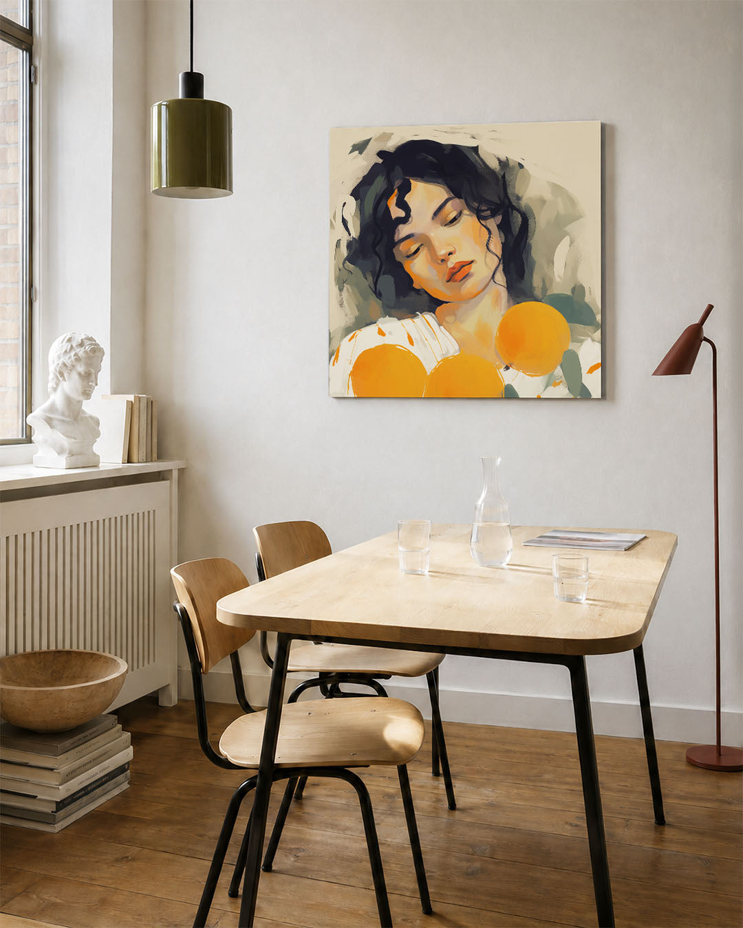 Dromerige portret illustratie kunstwerk – vierkante wanddecoratie – dit kunstwerk toont een vrouw met gesloten ogen, omringd