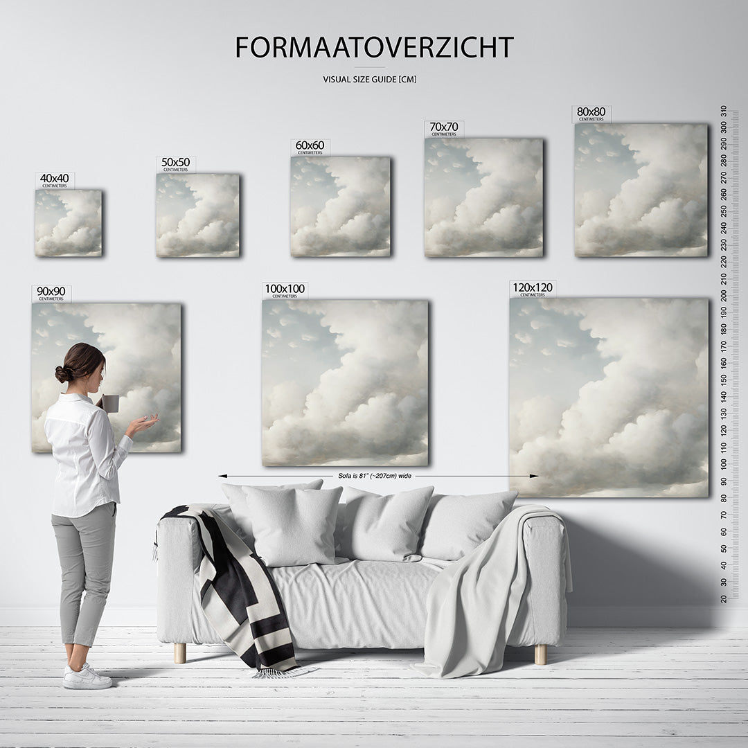 Dromerige wolkenlucht kunstwerk – sfeerbeeld – dit werk toont een wolkenlucht met zachte overgangen tussen wit en grijs. De