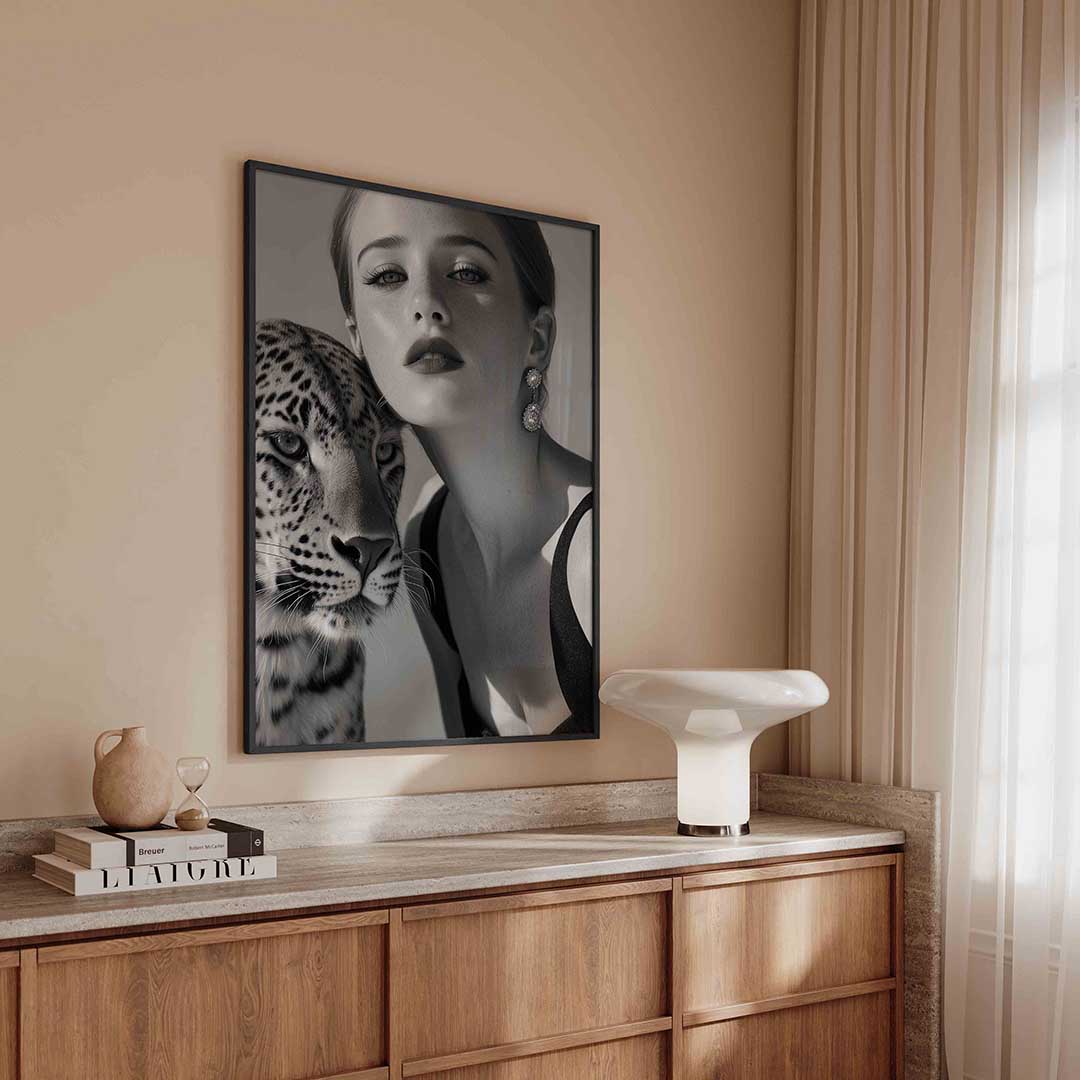Portret met luipaard – kleurrijke Pop Art poster in staand formaat