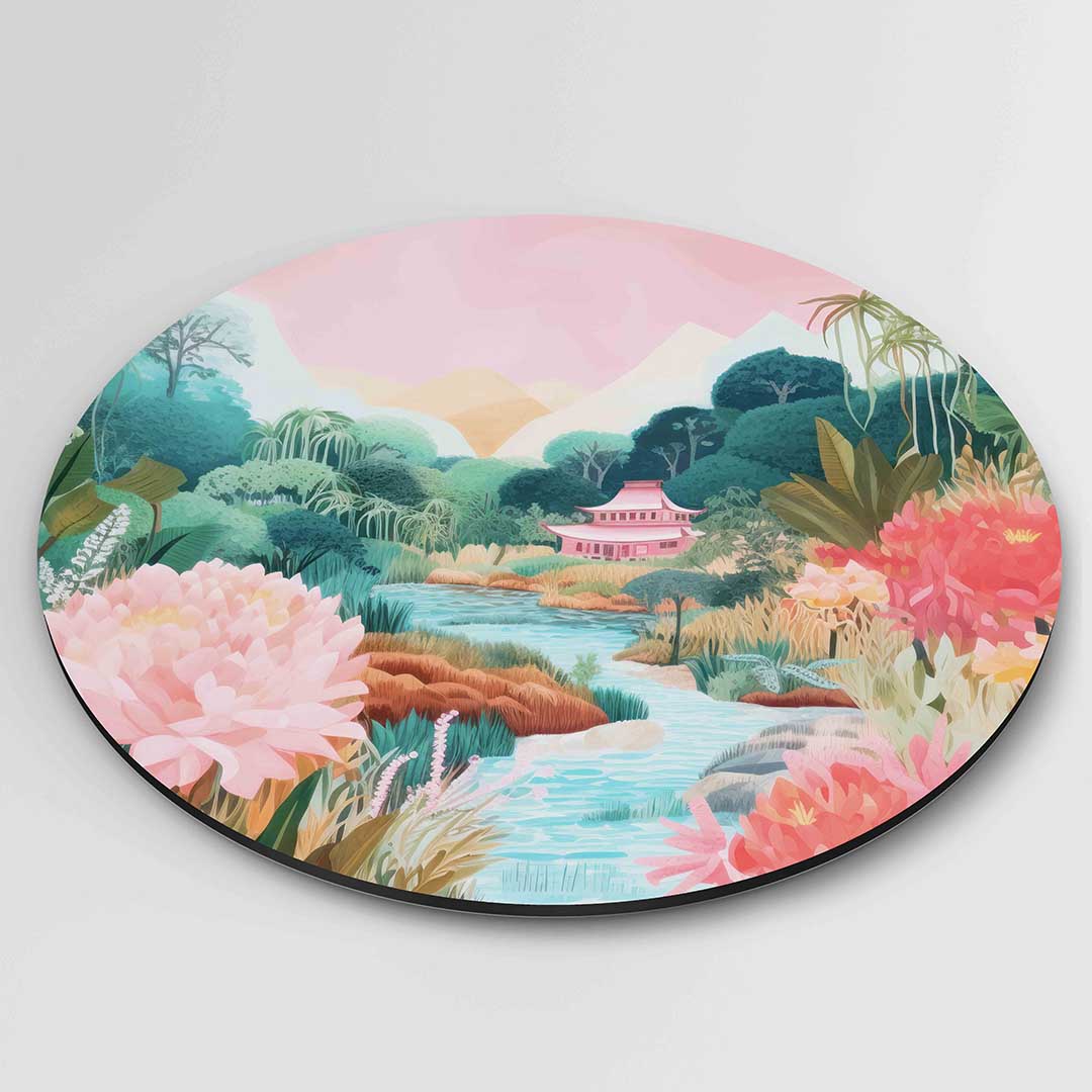 Landschap met bloemen en tempel – ronde textuur wanddecoratie van WallArtistic