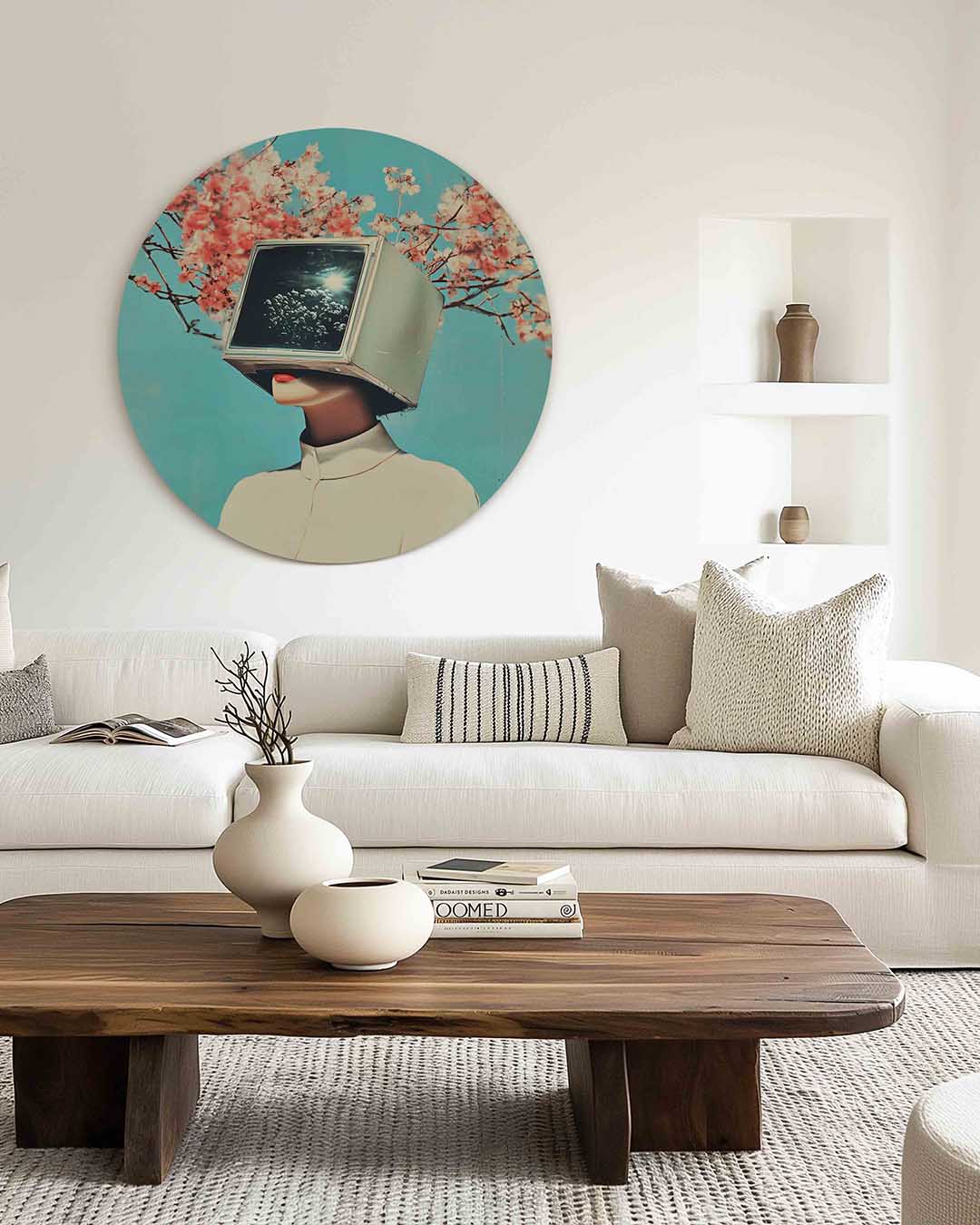 Vrouw met tv hoofd – illustratie muurcirkel als ronde muurdecoratie
