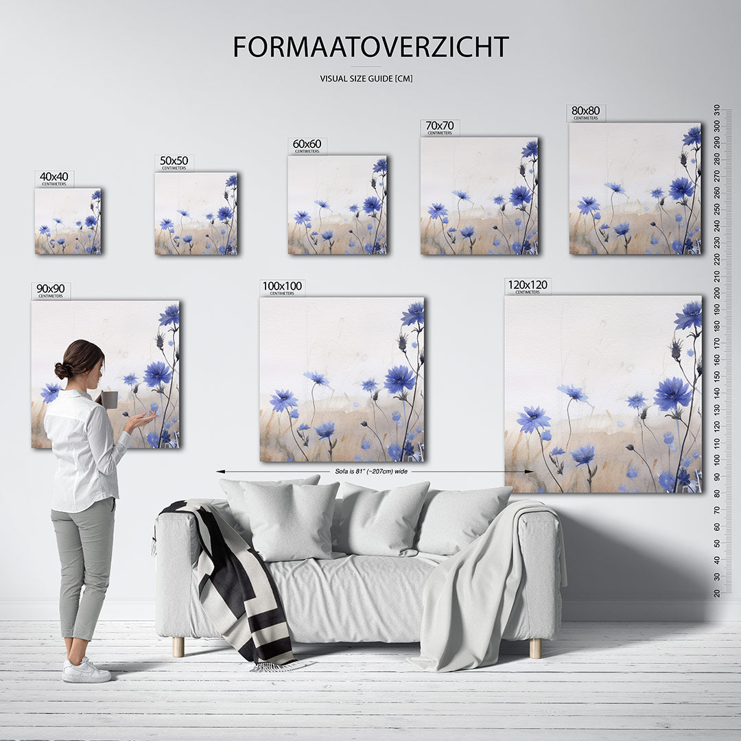 Bloemen in blauwtinten kunstwerk – dit kunstwerk toont delicate blauwe bloemen tegen een lichte achtergrond. De zachte
