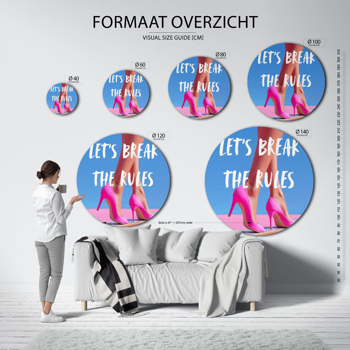 Roze hakken op skateboard – ronde muurdecoratie met kleur en vorm