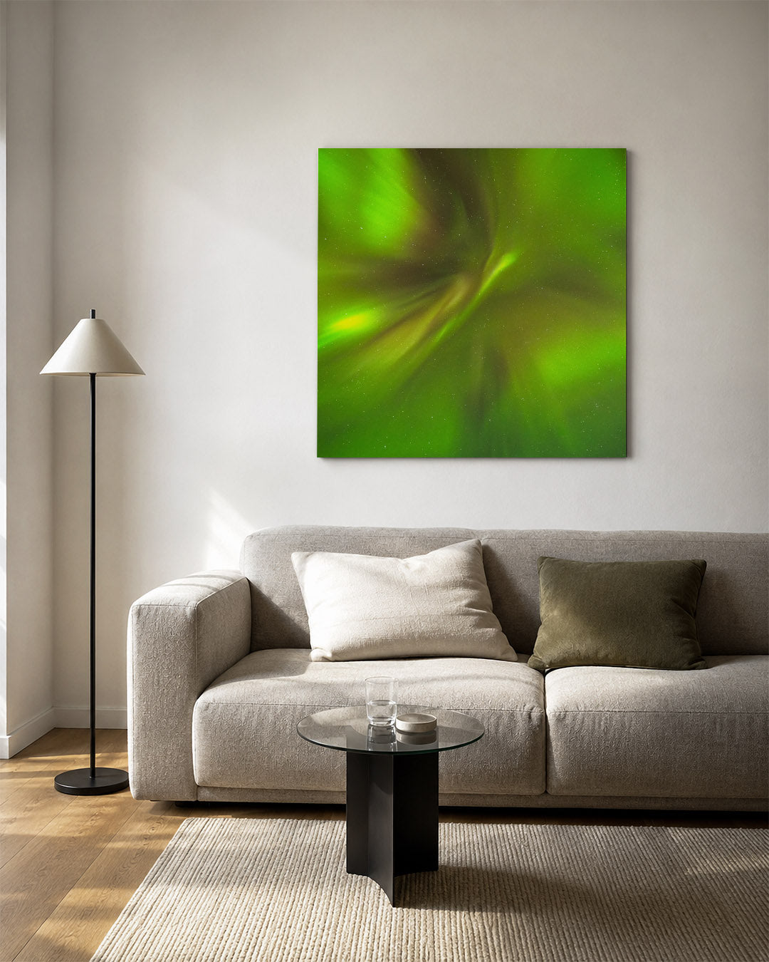 Groene lichtslierten kunstwerk – vierkante wanddecoratie – deze kunstwerk toont een dynamisch spel van groene lichtslierten