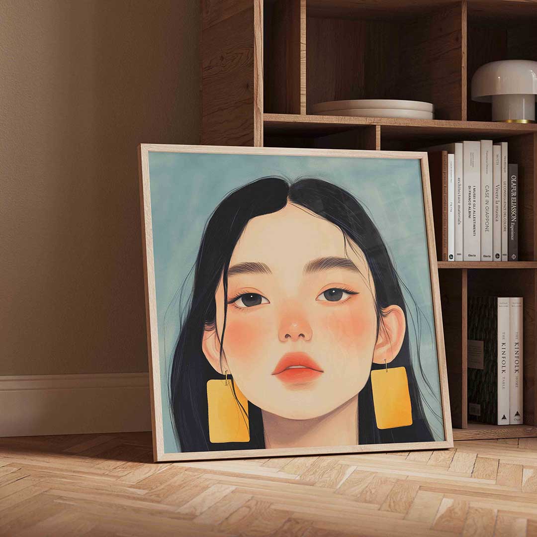 Portret met gele oorbellen – vierkante moderne wanddecoratie van WallArtistic