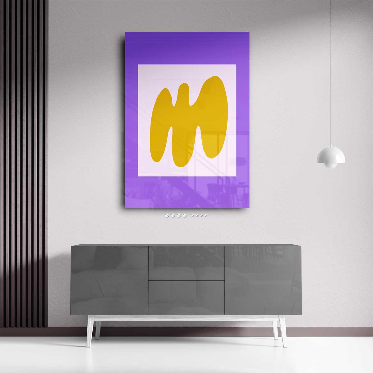 Abstracte Gele Golf op Paarse Achtergrond – portret kunstwerk als wanddecoratie, afbeelding 13