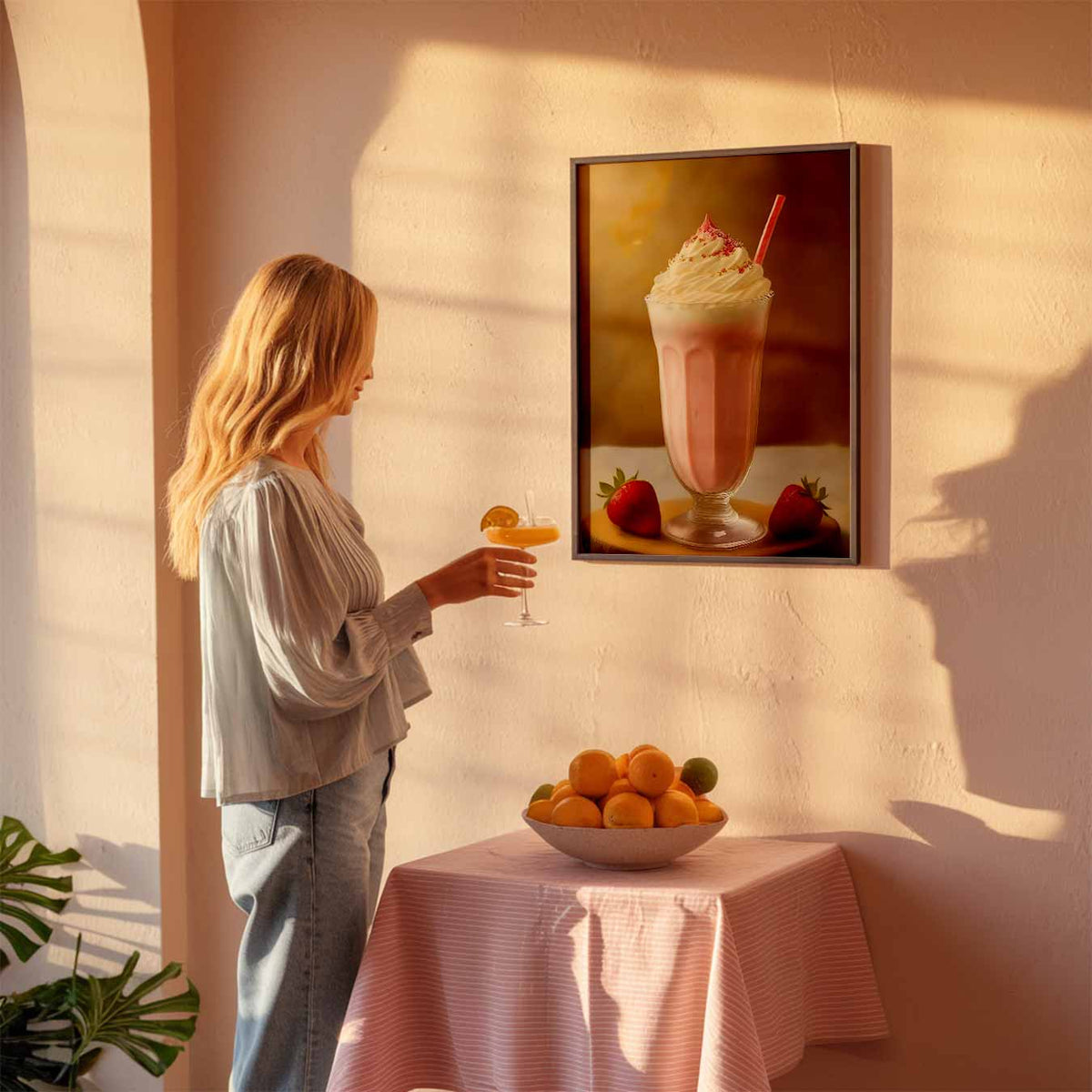 Romantische Aardbeienmilkshake – keuken poster als sfeervolle staande wanddecoratie
