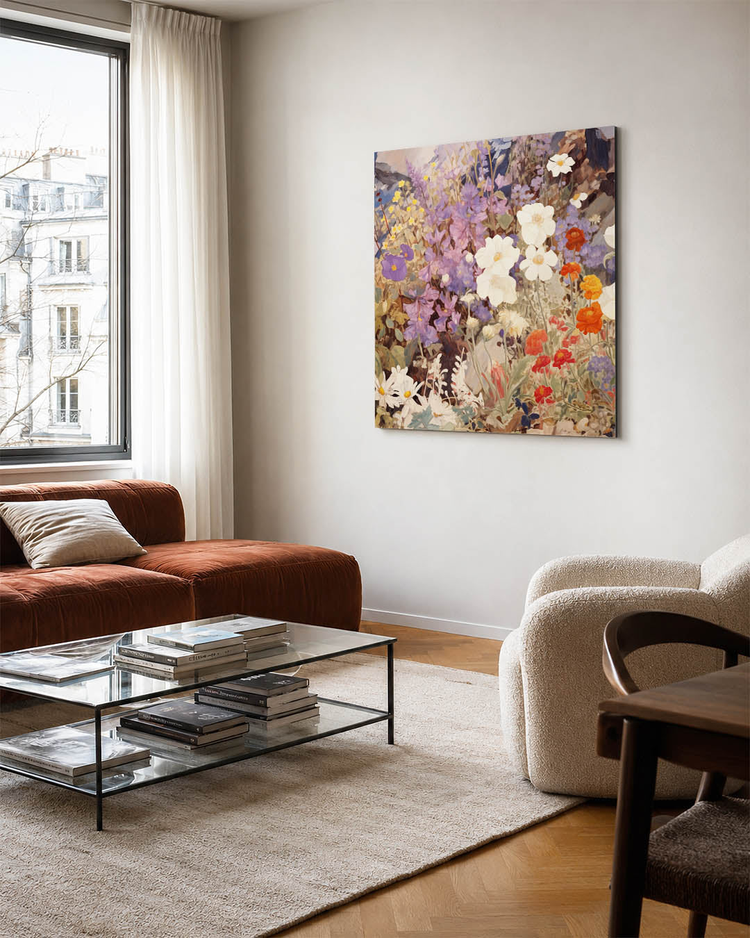 Bloemenpracht in pastel kunstwerk – vierkante wanddecoratie – dit werk toont een weelderige verzameling bloemen in zachte