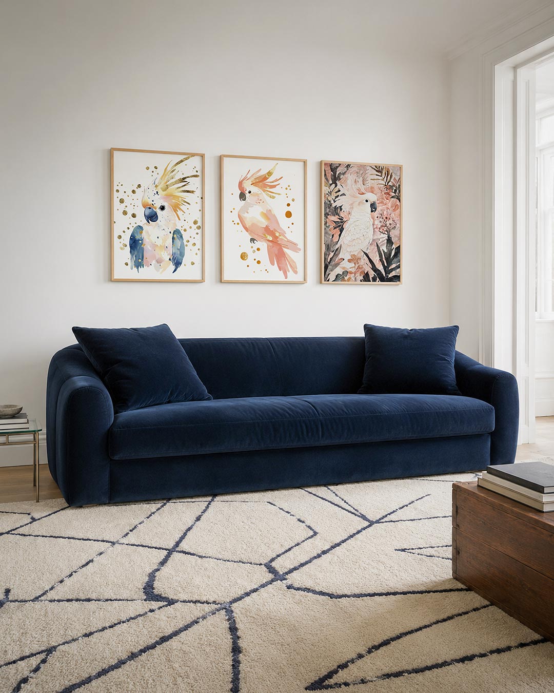Vogel en goud driedelige posterset – een kleurrijke vogel met blauwe en gele tinten, omringd