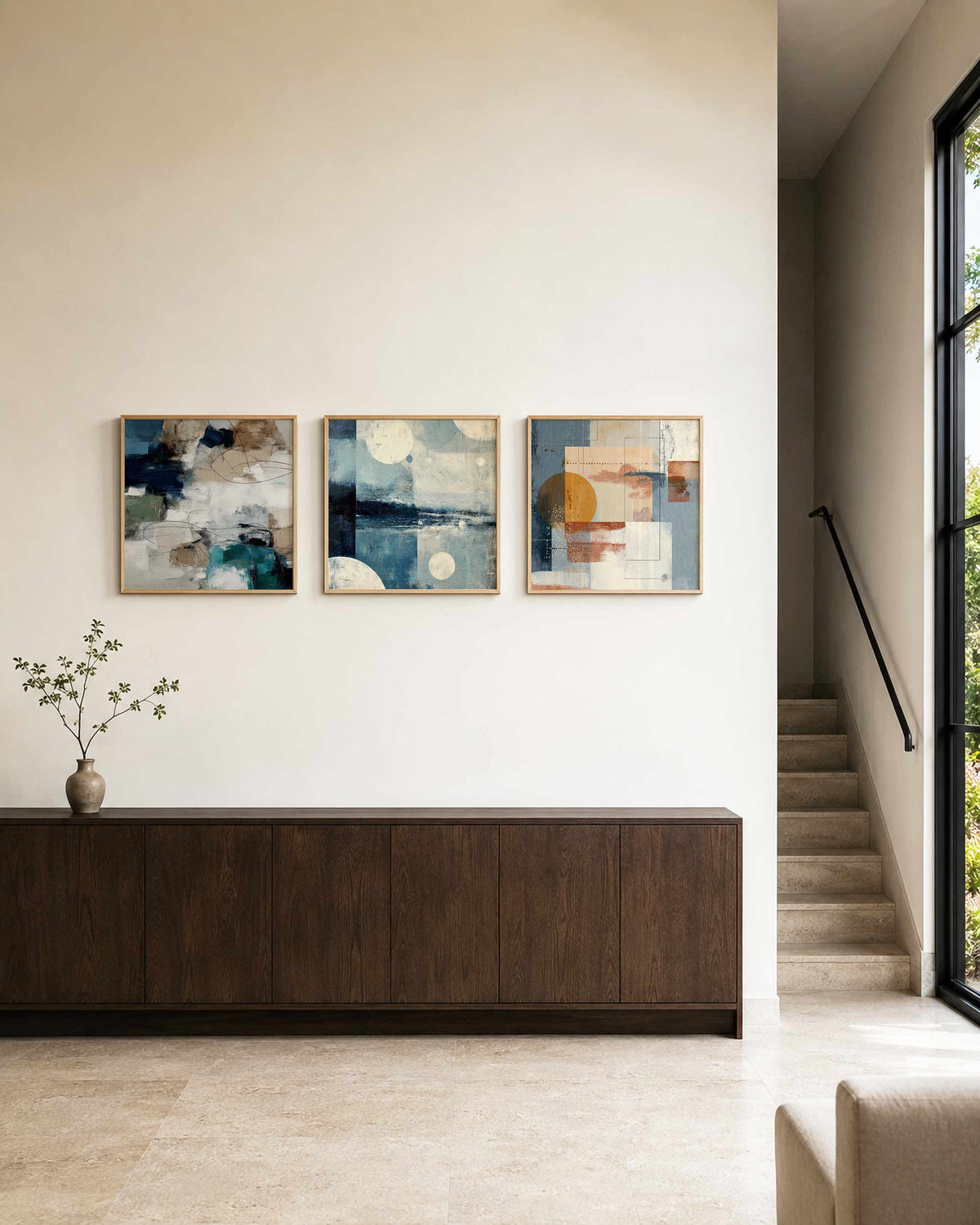 Interieurpresentatie van een driedelige vierkante posterset met abstracte vormen