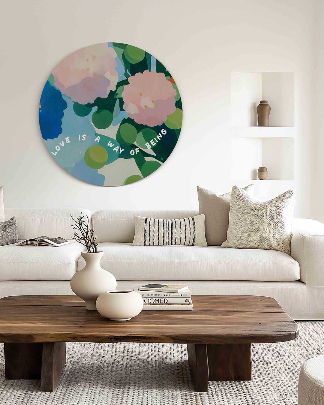 Bloemen en tekst – muurcirkel met kleur en vormen voor aan de muur