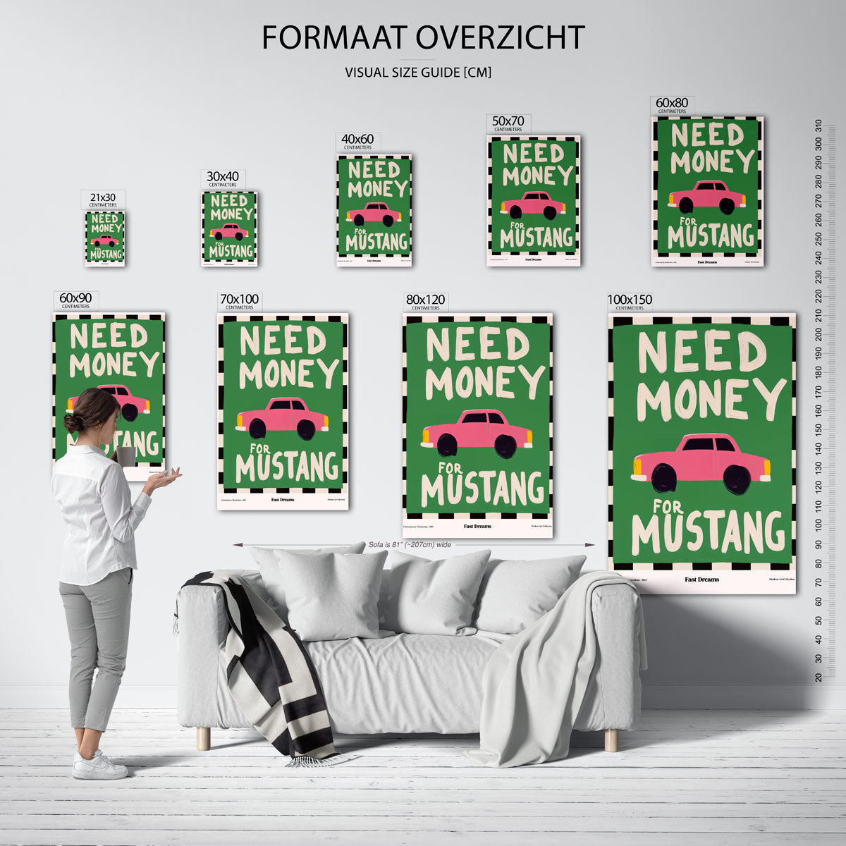 Roze auto en tekst – staande muurposter met Pop Art uitstraling