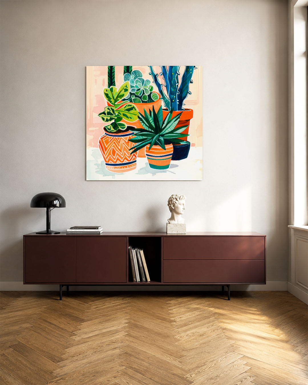 Levendige plantencompositie kunstwerk – tweede productweergave – dit werk toont een verzameling kleurrijke planten in potten.