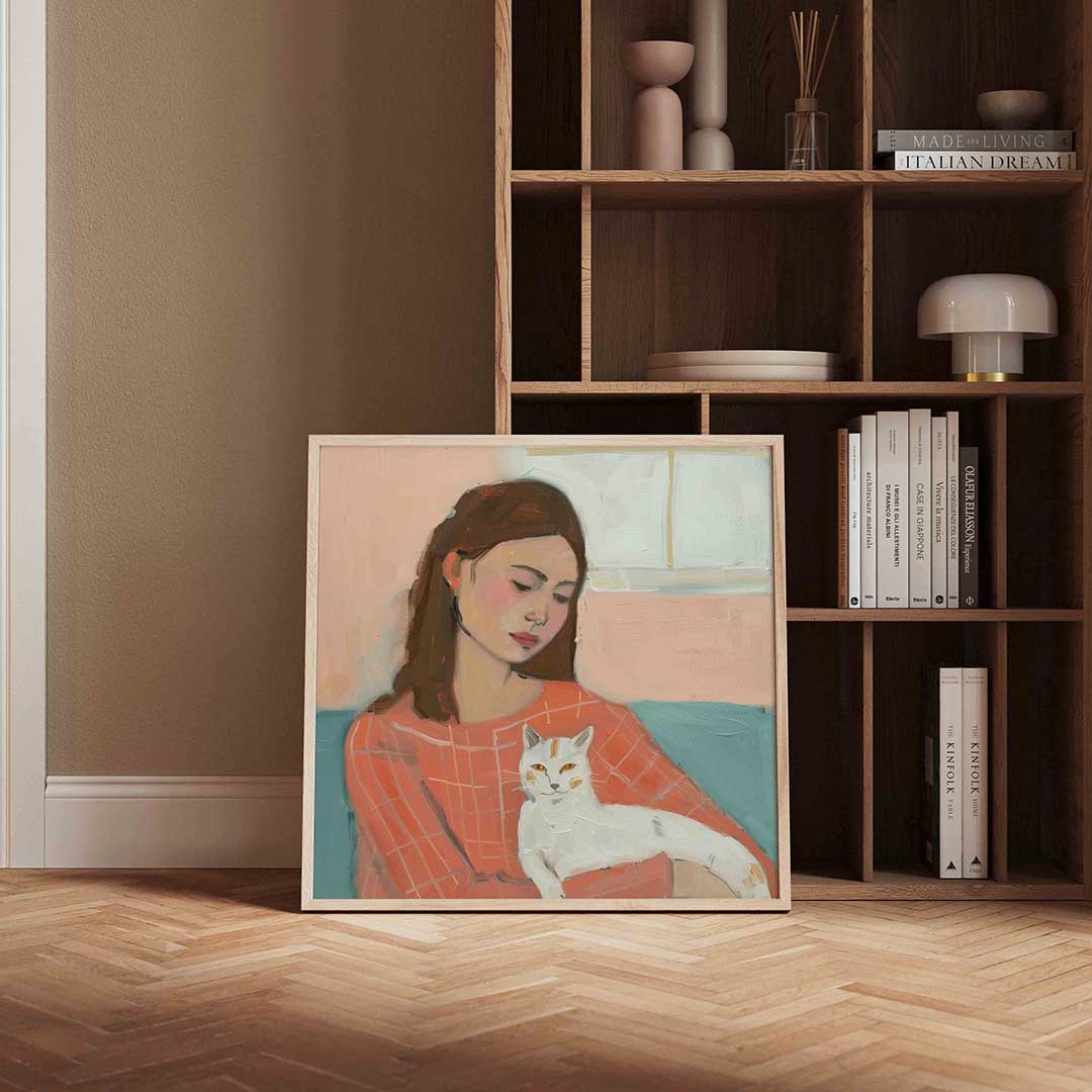 Vrouw met kat – vierkante design wanddecoratie van WallArtistic