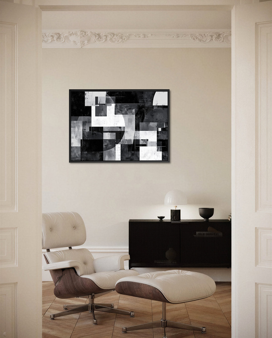 Geometrische vormen compositie – Zwart-wit – liggende wanddecoratie
