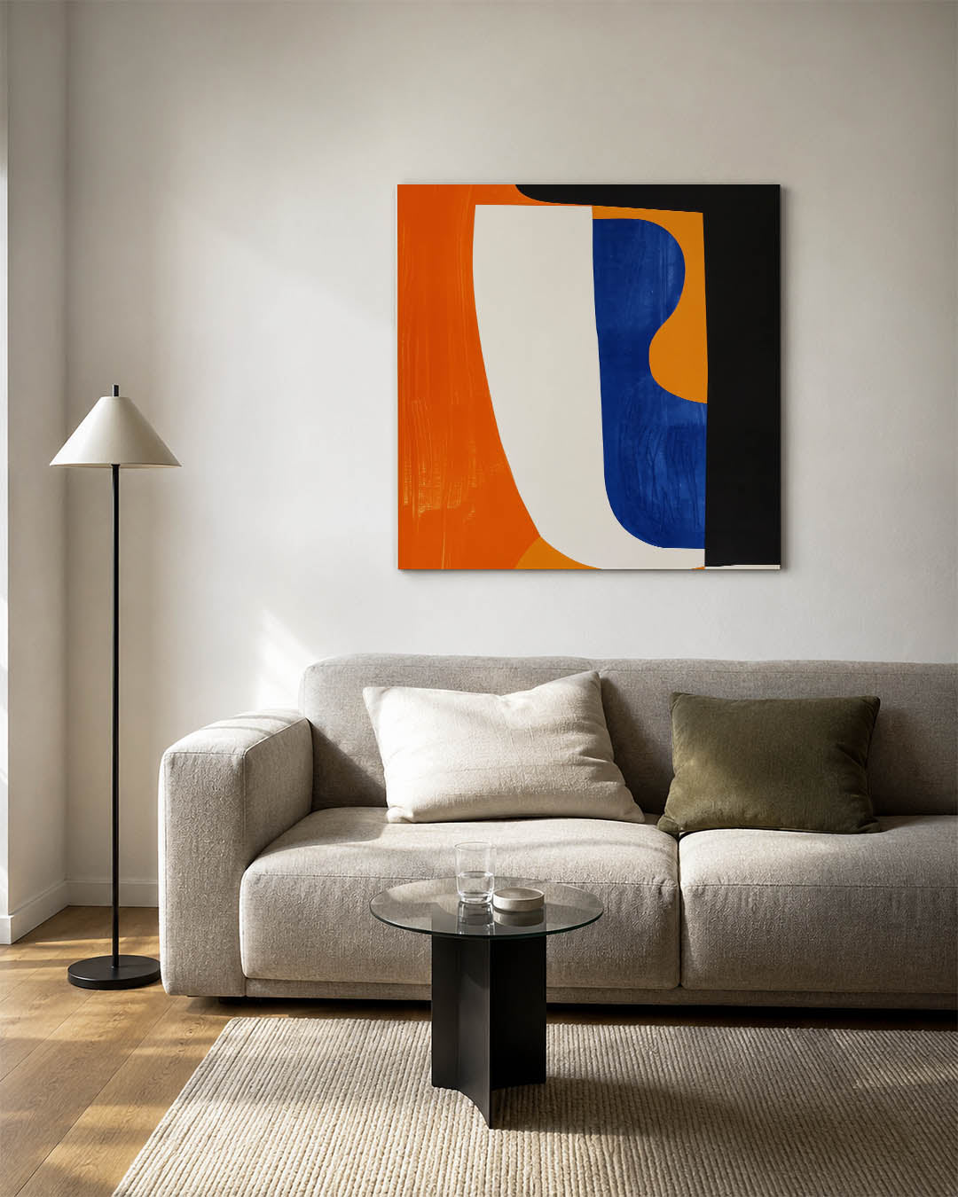 Vormenspel in kleur kunstwerk – vierkante wanddecoratie – dit werk toont een dynamische compositie van overlappende vormen in