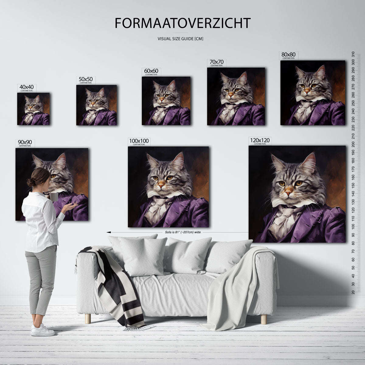 Kat in paarse outfit – vierkante muurposter voor een modern interieur