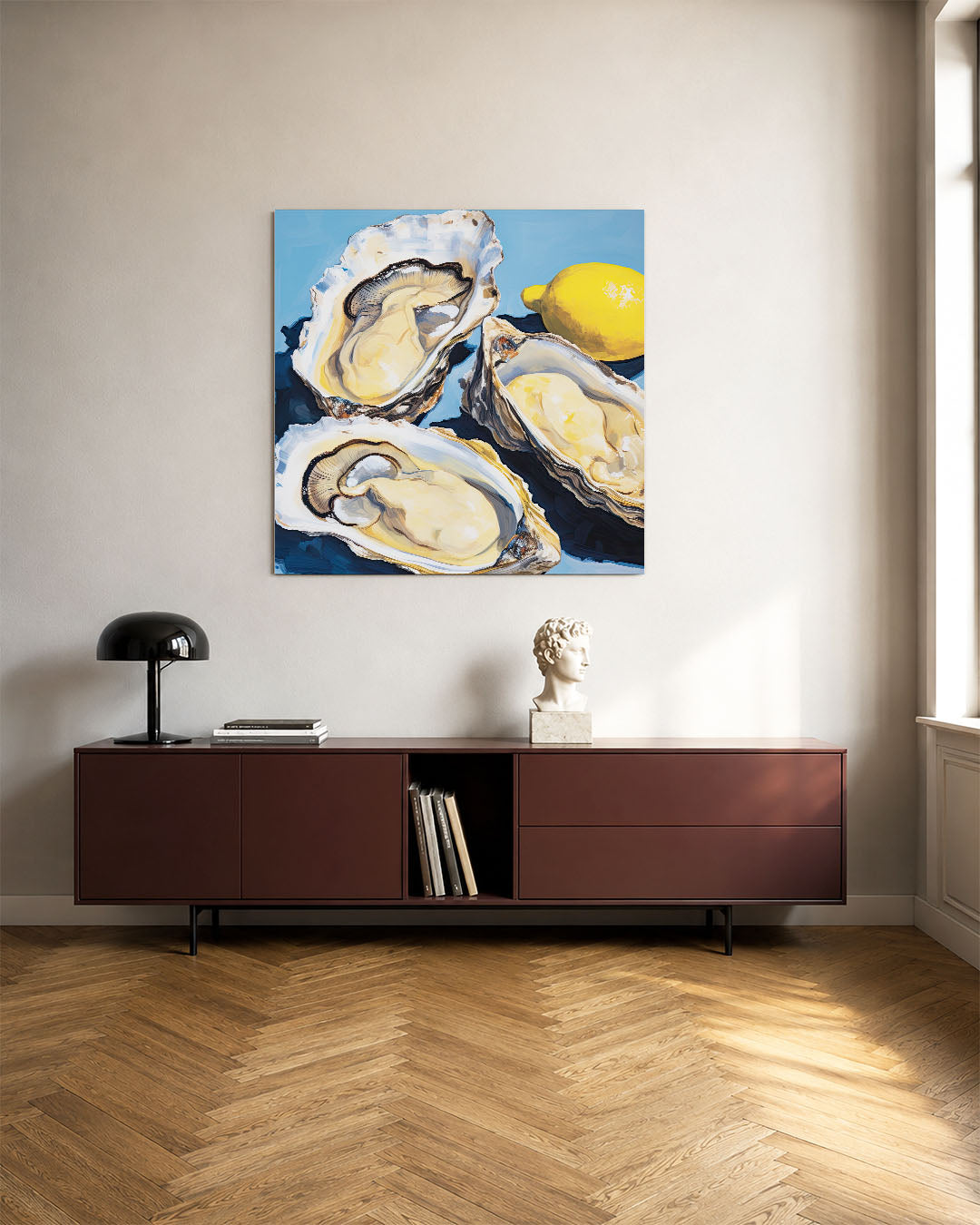 Oesters en citroen kunstwerk – tweede productweergave – dit werk toont drie oesters en een citroen op een blauwe achtergrond.