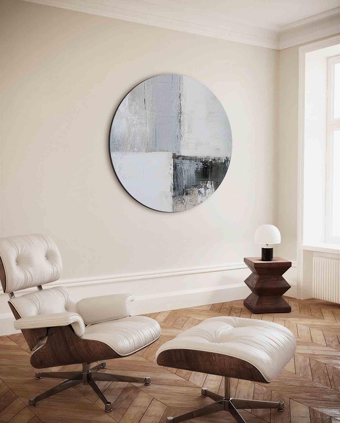 Abstracte grijze – moderne ronde wanddecoratie met vrouwelijk portret