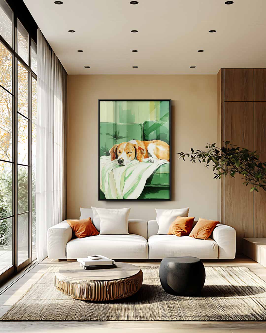 Snoezige Hond op Groen Bankje – staand kunstwerk voor modern interieur
