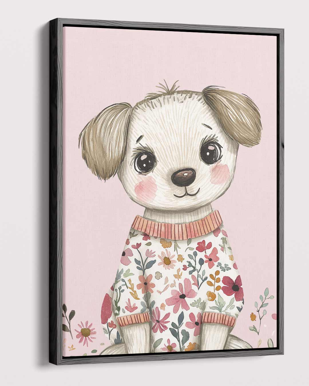 Schattig Bloemenhondje – plexiglas wanddecoratie in portret formaat