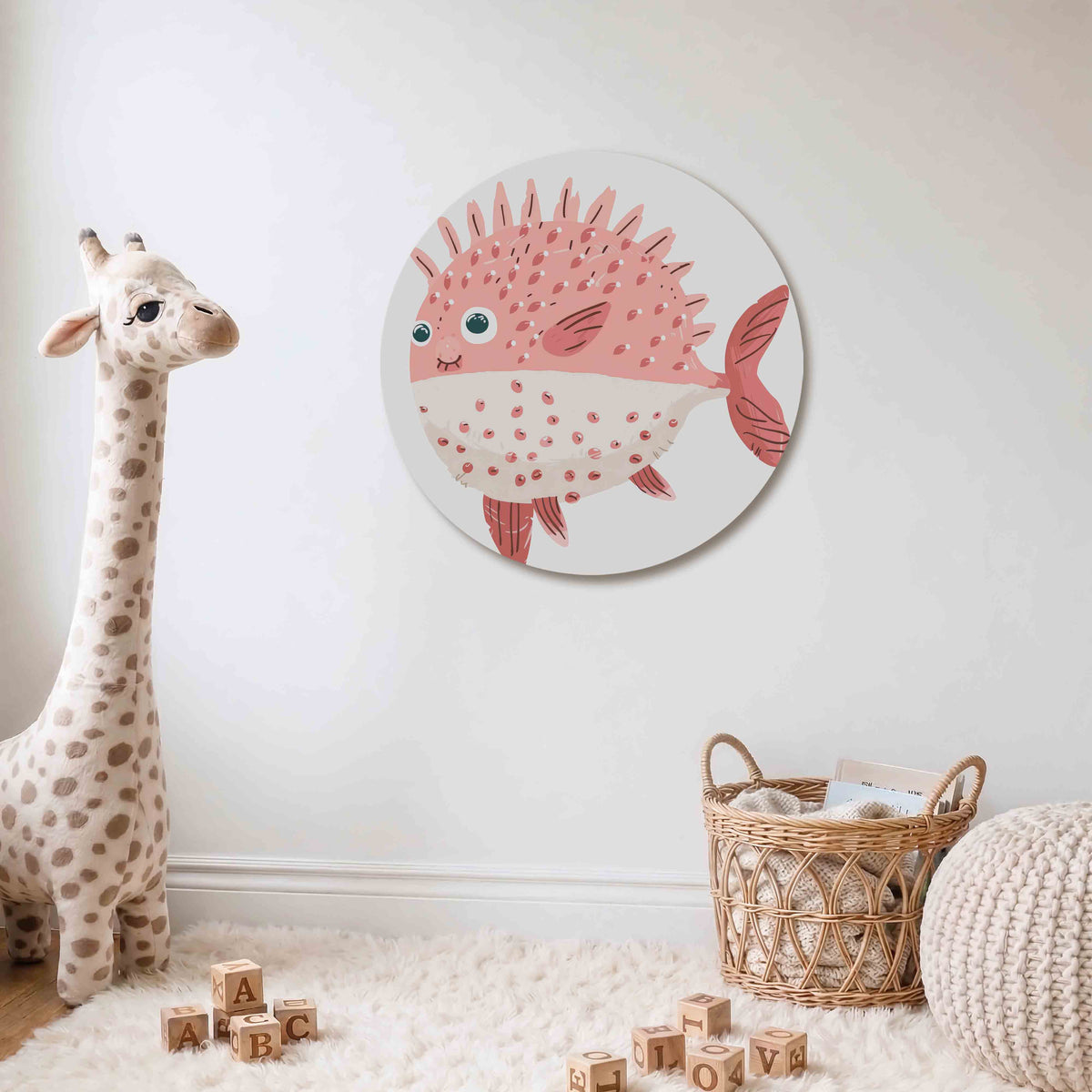 Roze vis Muurcirkel – Een ronde vis met stekels in zachte roze en beige tinten.