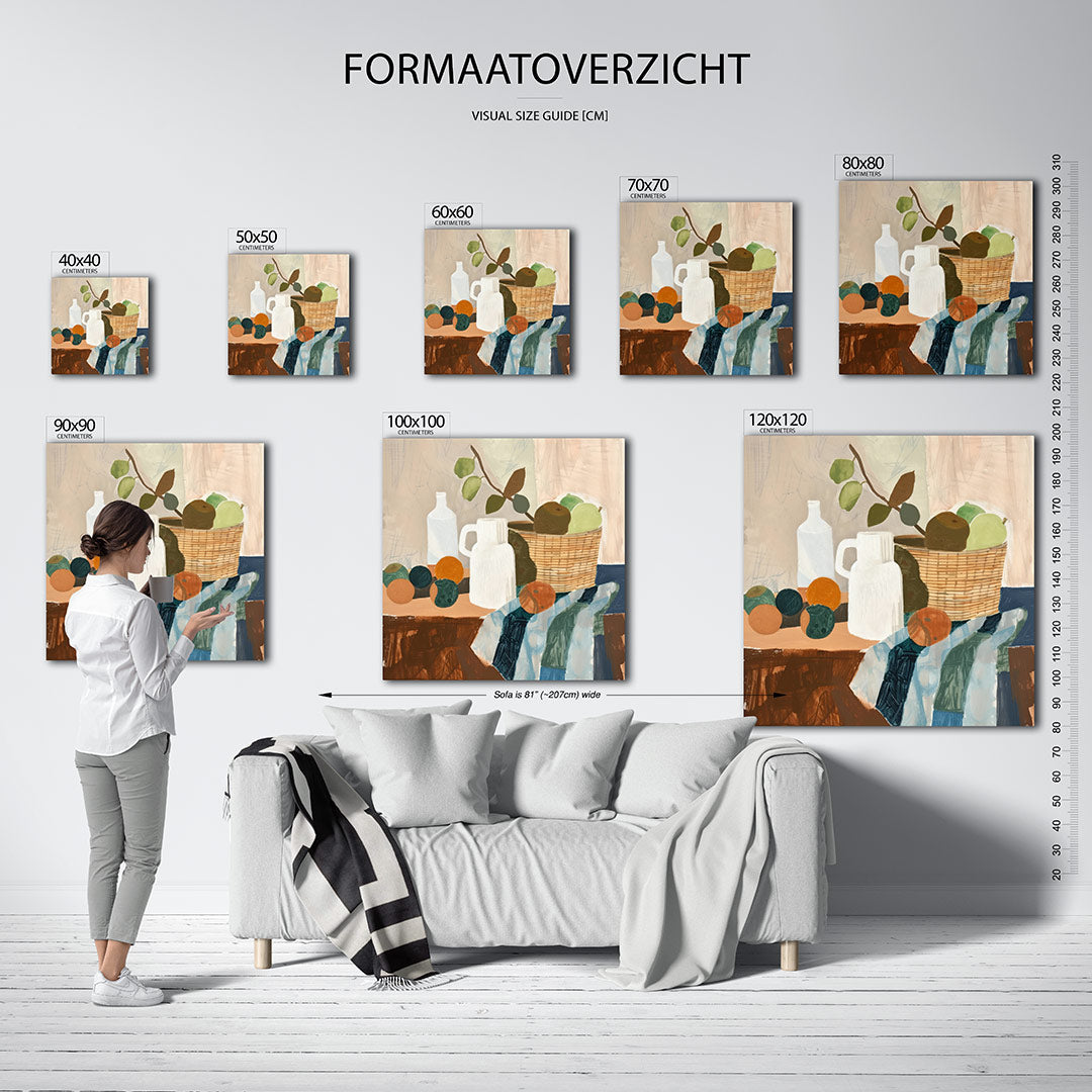 Fruit en vormen kunstwerk – materiaalweergave – dit werk toont een stilleven met fruit en objecten. De compositie bestaat uit