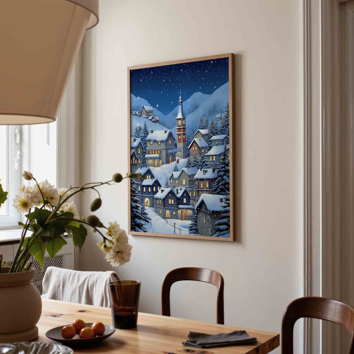 Sneeuwlandschap met huizen – kerstposter in staand formaat