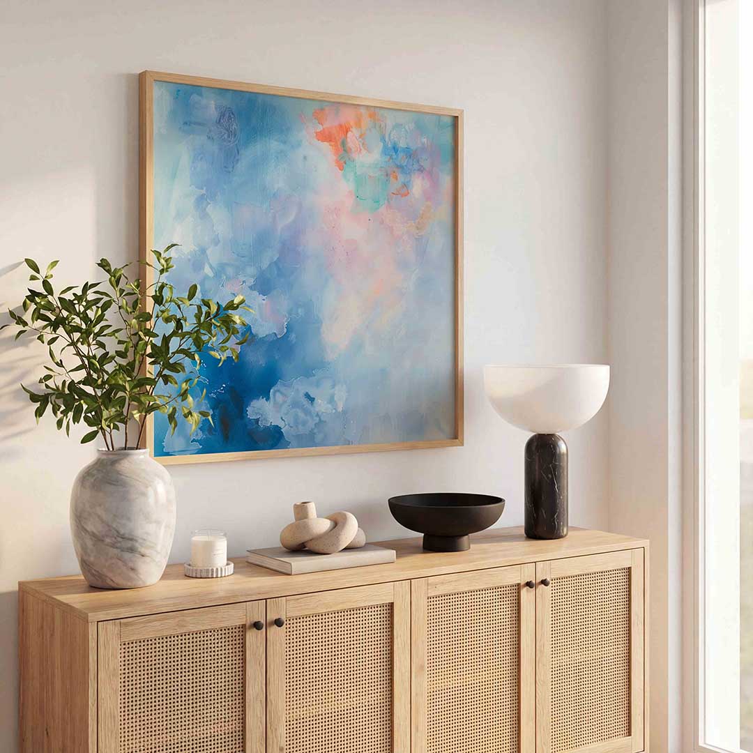 Abstracte blauwe en oranje – kleurrijke poster in vierkant formaat