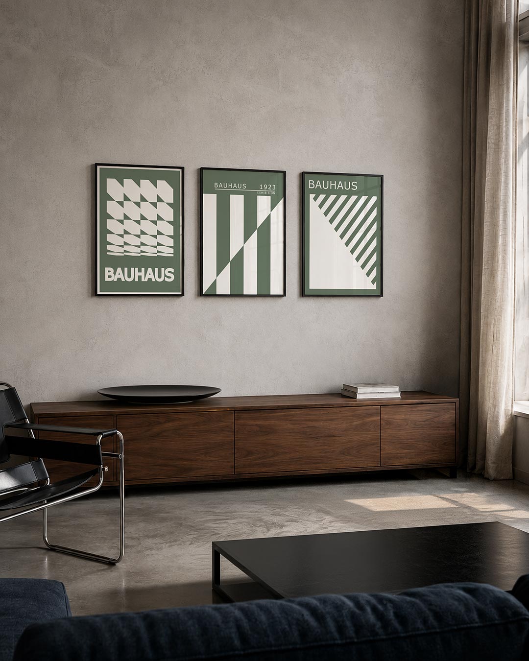 Vorm en ritme driedelige posterset – deze posterset in drie delen toont een dynamisch lijnenspel van witte geometrische