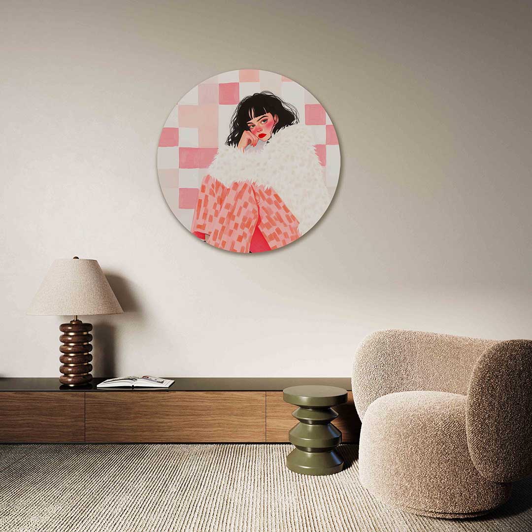 Vrouw met bontjas – abstracte muurcirkel als ronde wanddecoratie