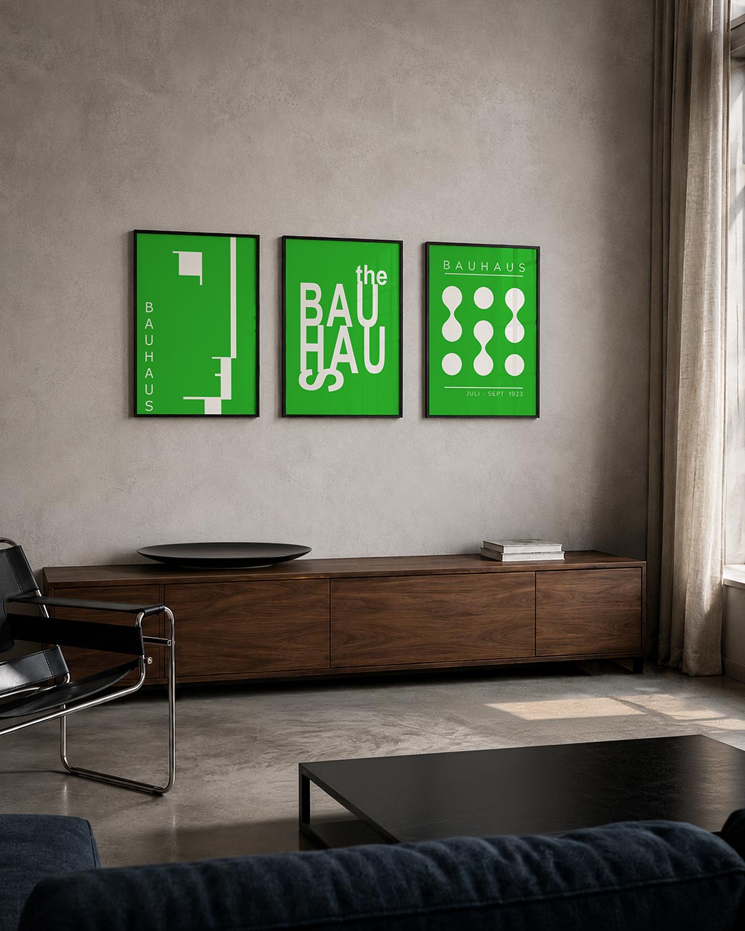 Vormen en lijnen driedelige posterset – deze posterset in drie delen toont een levendig spel van groene en witte vlakken.