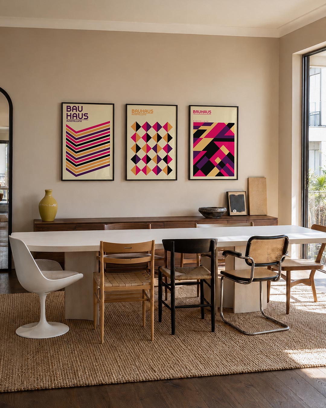 Kleurrijke lijnenspel driedelige posterset – deze posterset in drie delen toont een speelse ordening van diagonale lijnen in