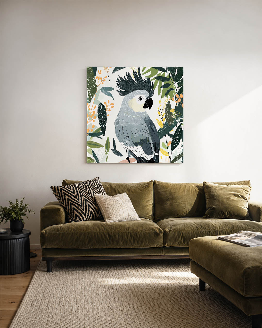 Vrolijke papegaai kunstwerk – sfeerbeeld – dit werk toont een gedetailleerde papegaai omringd door bladeren en bloemen. De