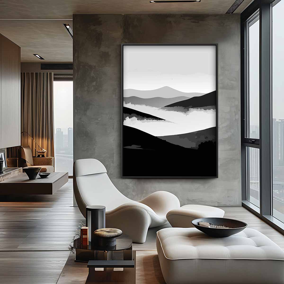 Dromerige Berglandschap in Zwart-Wit – canvas wanddecoratie in portret formaat