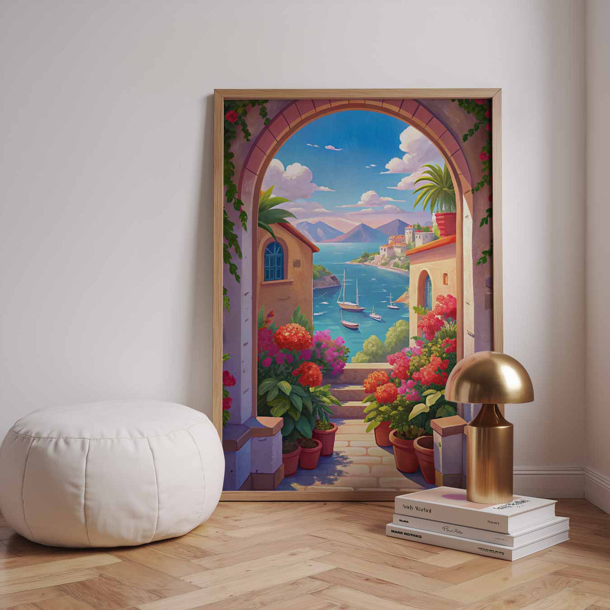 Italiaanse Kustpoort – zomerse wandkunst als portret poster