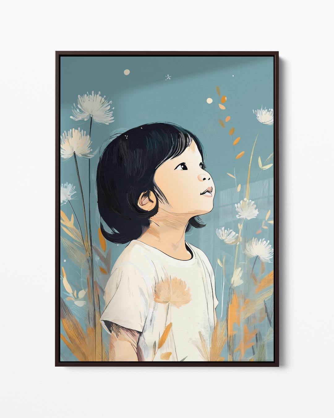 Dromerig Kind in Bloeiende Natuur – portret kunstwerk als wanddecoratie