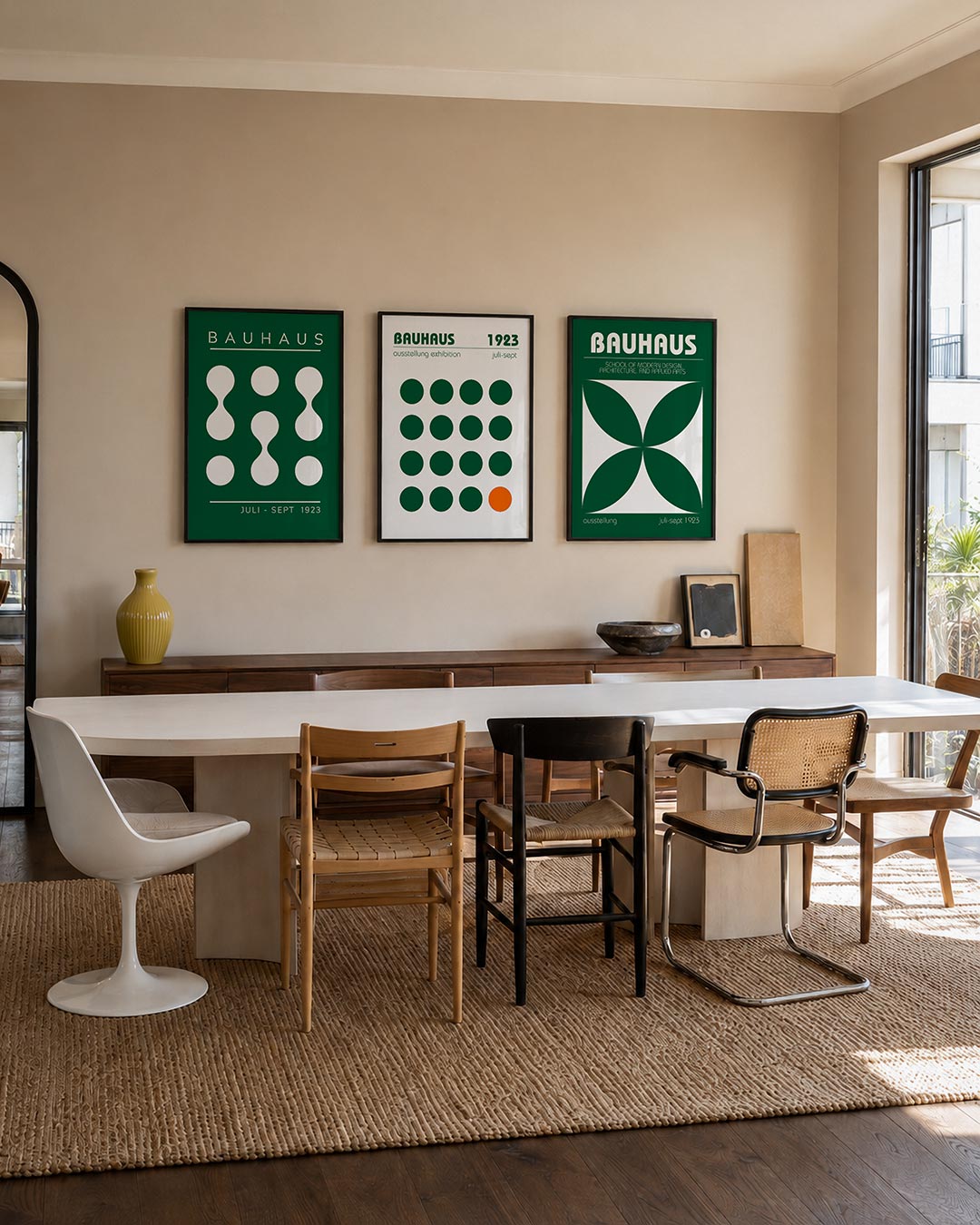 Vormen en vlakken posterset – tweede productweergave – deze posterset in drie delen toont een ritmisch spel van witte cirkels