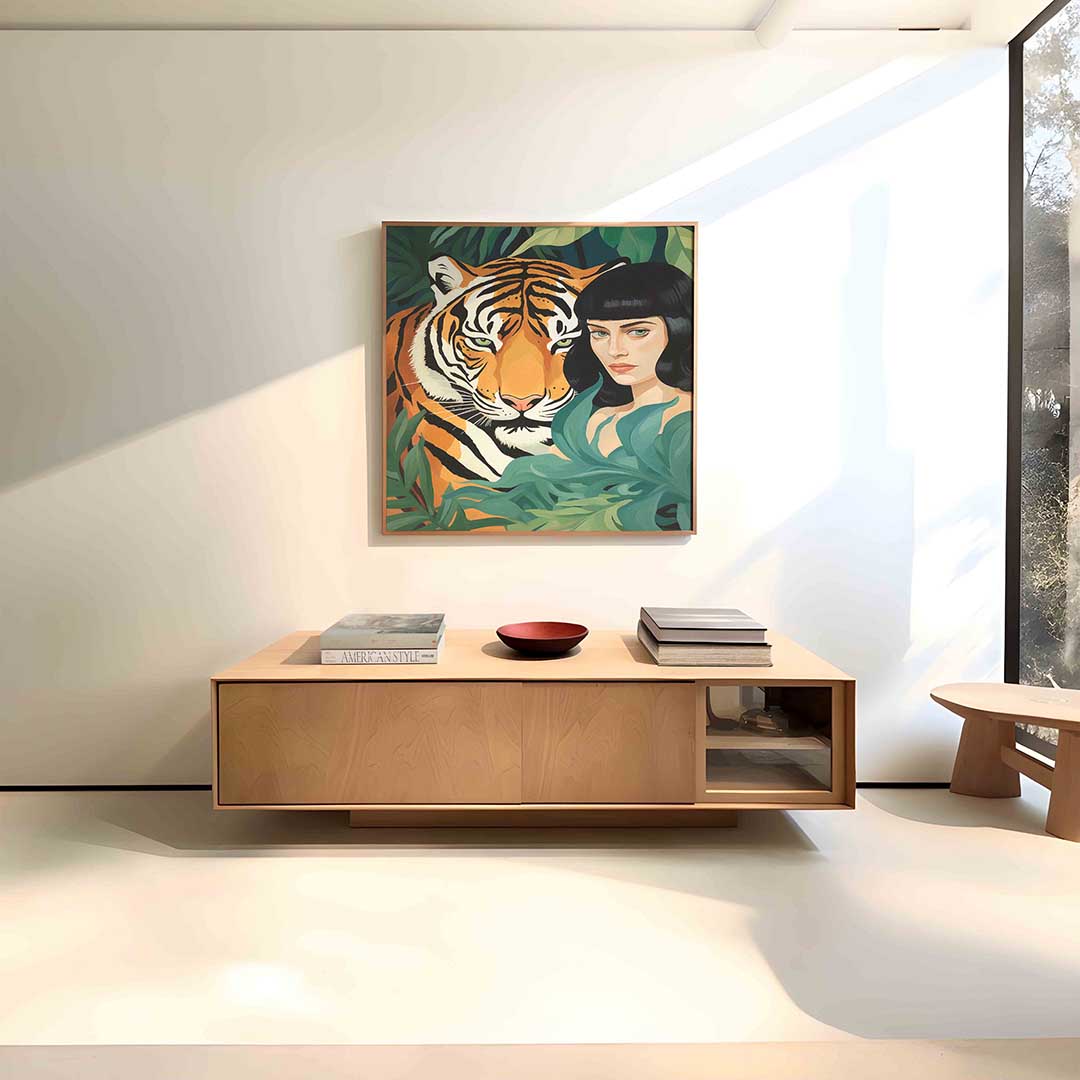 Tijger en vrouw – vierkante dieren wanddecoratie van WallArtistic