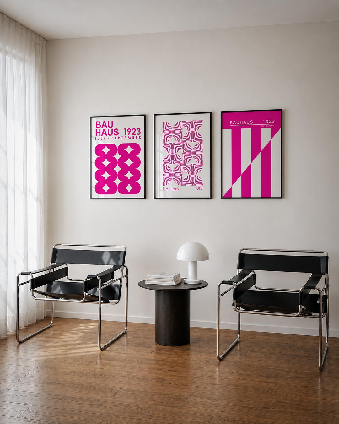 Vormen en ritme posterset – tweede productweergave – deze posterset in drie delen toont levendige roze vormen die ritmisch