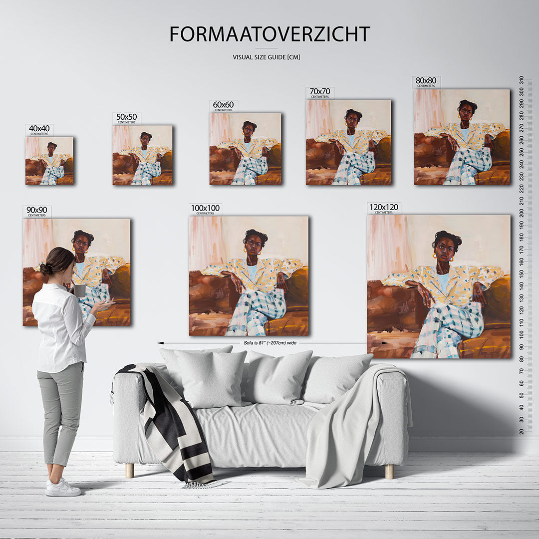 Vrouwelijk portret zittend kunstwerk – materiaalweergave – dit werk toont een vrouw in een ontspannen pose op een bank. De