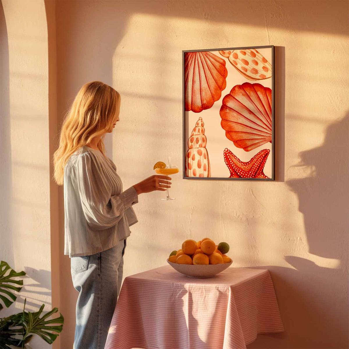 Roze schelpen – zeedierenposter als moderne staande wanddecoratie