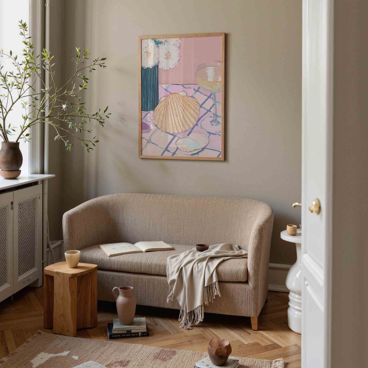 Schelp en bloemen – pastel poster in staand formaat