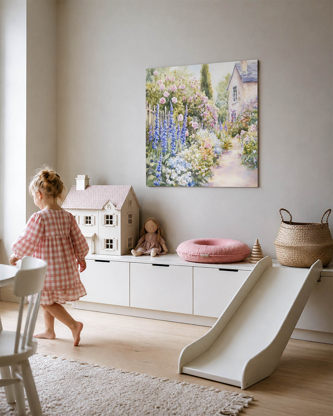 Tuin kunstwerk – tweede productweergave – dit kunstwerk toont een weelderige tuin met kleurrijke bloemen en een charmant