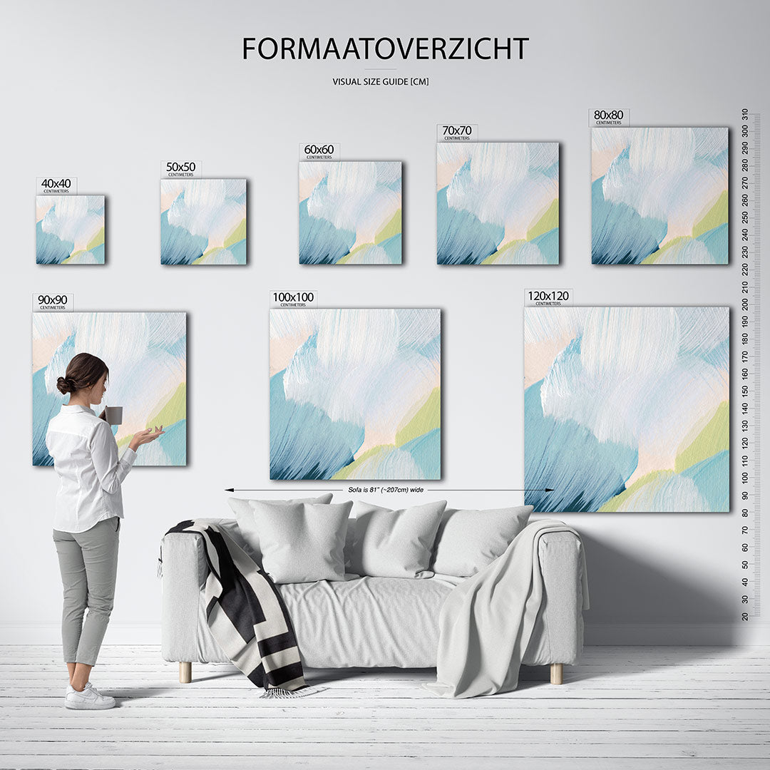 Kleurrijke borstelstreken kunstwerk – dit werk toont vloeiende penseelstreken in zachte tinten, met een harmonie van blauw