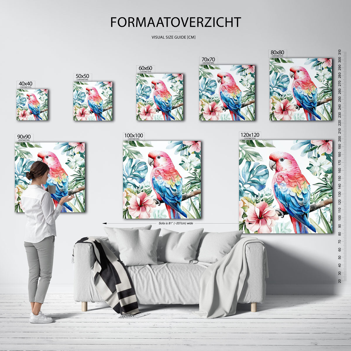 Papegaai en bloemen – vierkante muurposter met dierenthema